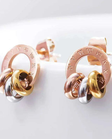 Chic Rose Gold Stainless Steel Stud Earrings with Roman Numeral Design - A Timeless Gift for Her