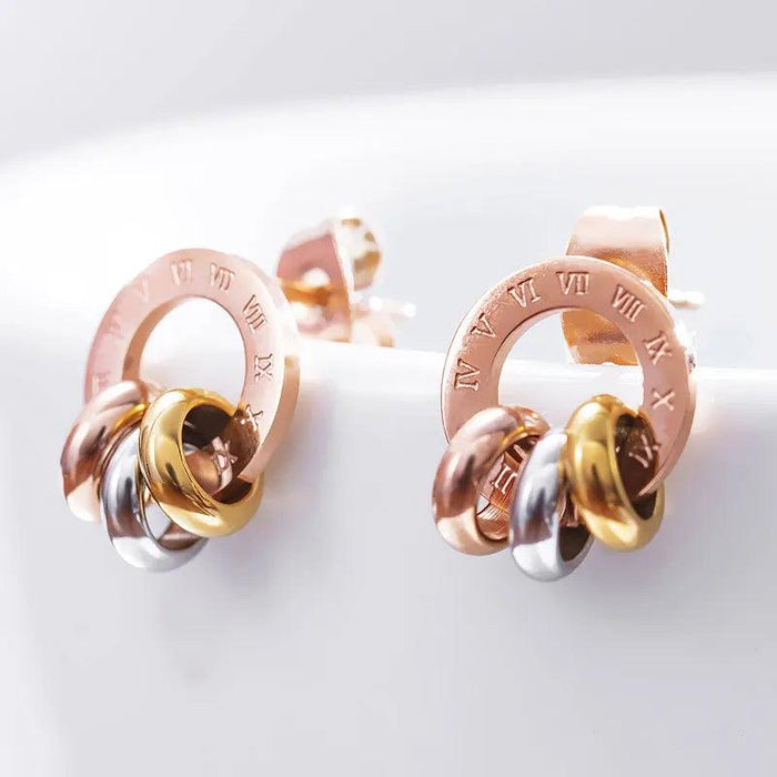 Chic Rose Gold Stainless Steel Stud Earrings with Roman Numeral Design - A Timeless Gift for Her