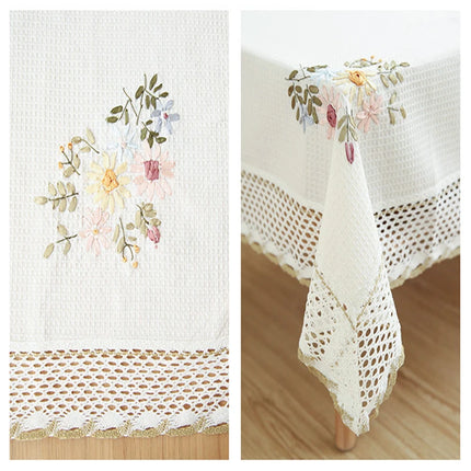 Europe Flowers White Hollow Lace Tablecloth Cotton Linen Dustproof Dining Table