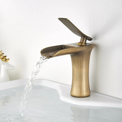 Antique Brass Waterfall Basin Faucet | Single Handle, Sleek De