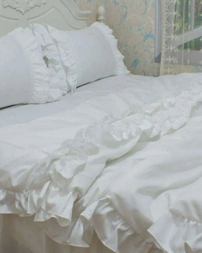 Sophisticated White Cotton Bedding Collection with Lace Detailing and Embroidered Trimmings