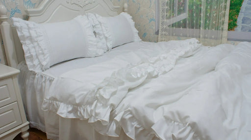 Luxurious White Cotton Bedding Set with Elegant Lace Details and Embroidered Ruffles