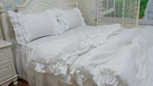 Lavish Embroidered White Cotton Bedding Set with Delicate Lace Trim