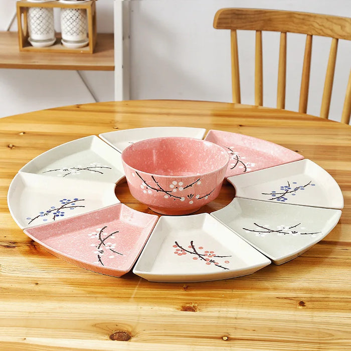 Japanese-Inspired Hand-Painted Ceramic Platter and Bowl Set for Elegant Dining