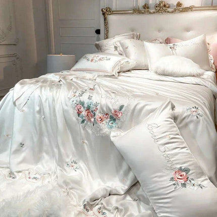 Chic Floral Embroidered Eucalyptus Fiber Bedding Collection - Available in Queen & King Sizes, Includes Duvet Cover, Sheets & Pillowcases