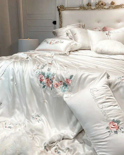 Chic Floral Embroidered Eucalyptus Fiber Bedding Collection - Available in Queen & King Sizes, Includes Duvet Cover, Sheets & Pillowcases