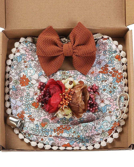 Chic Floral Baby Care Set: Bib, Headband, and Silicone Pacifier Clip in Festive Gift Box