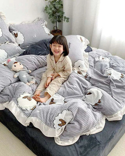 Opulent Velvet Striped Fleece Bedding Ensemble - 3 or 4 Piece Set with Ruffled Duvet Cover and Flannel Sheets