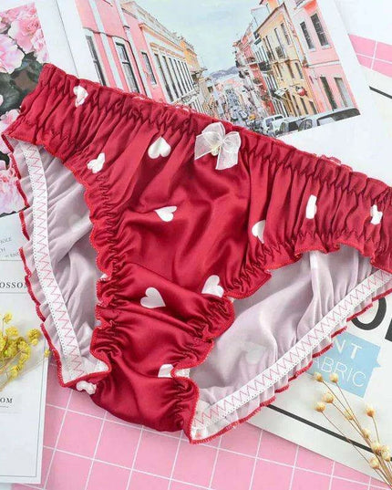 Charming Ruffled Satin Heart Print Panties for Women - Delightfully Cute Seamless Underwear