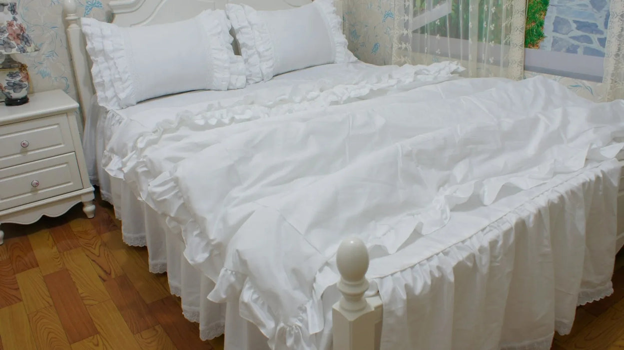 Lavish Embroidered White Cotton Bedding Set with Delicate Lace Trim