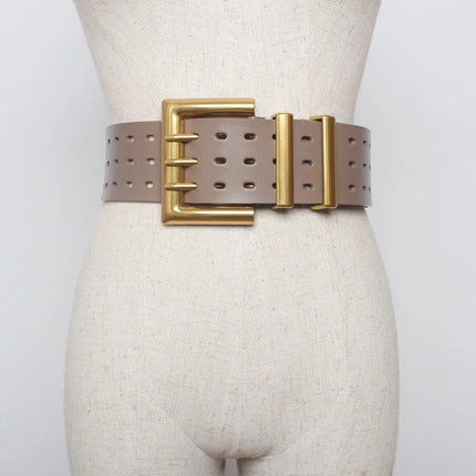 Two-Layer Cowhide Wide Belt with Bronze Buckle — 5.8cm Women’s Leather