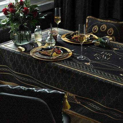 Elegant Black Velvet Dining Table Cover with Exquisite Gold Accents