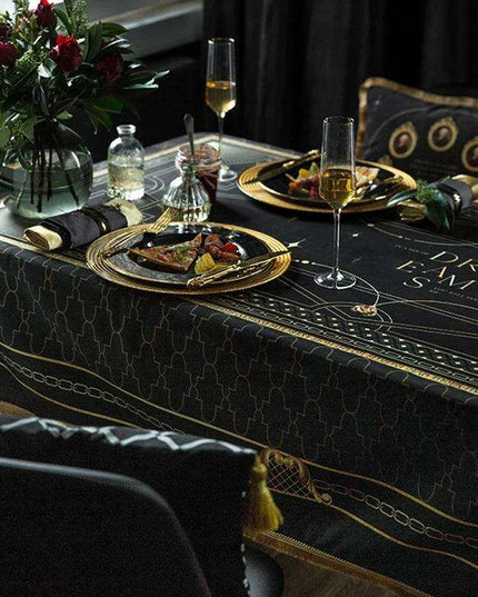 Elegant Black Velvet Dining Table Cover with Exquisite Gold Accents