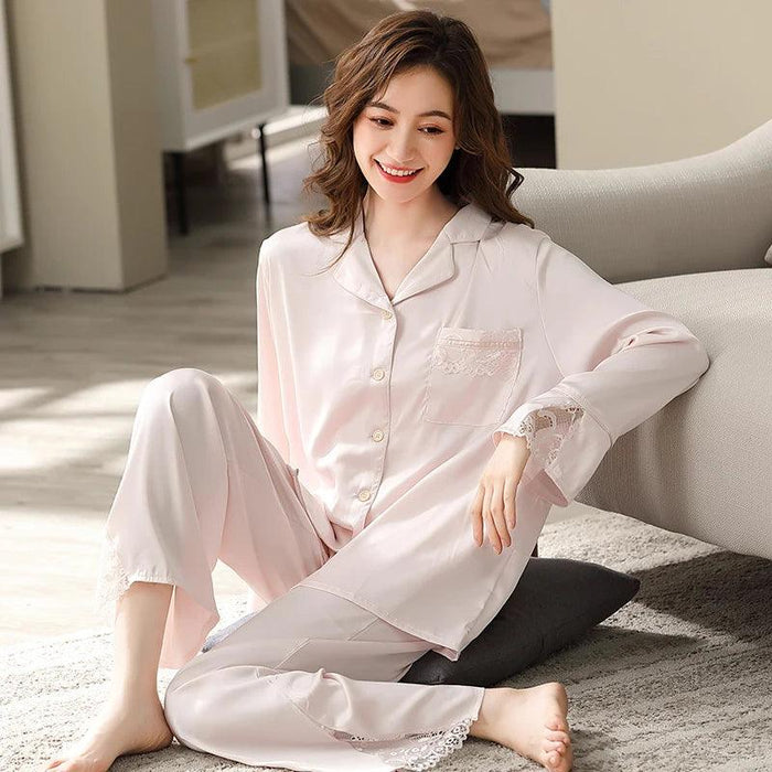 Elegant Blush Ice Silk Pajama Ensemble with Delicate Lace Details