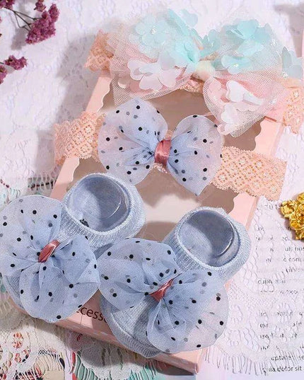 Adorable Polka Dot Bowknot Headband and Lace Flower Socks Ensemble for Stylish Little Ones