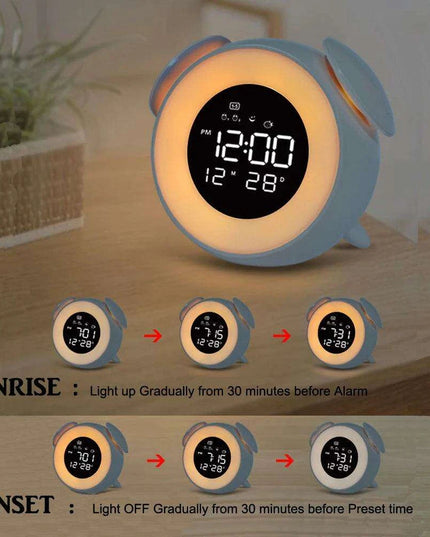 Colorful Rechargeable LED Alarm Clock with Sunrise-Sunset Simulation and Mirror Finish
