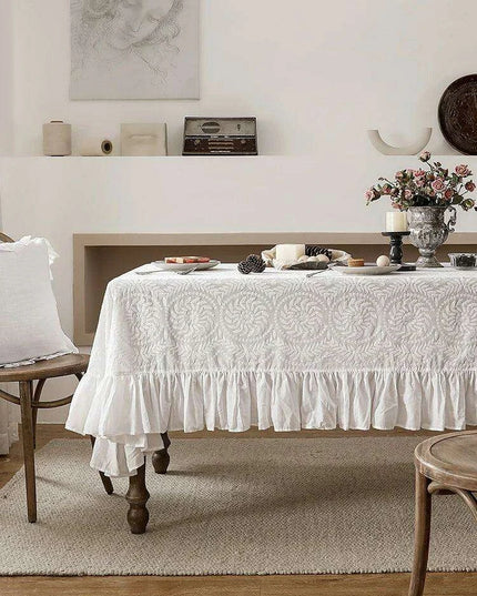 Elegant Embroidered Lace Table Cover - Premium Cotton Ruffles for Dining Sophistication
