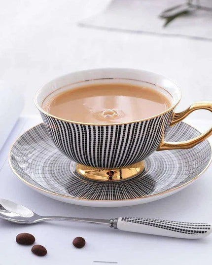 Elegant Gray Bone China Tea Set with Gold Accents - 200ml Cup, Saucer & Spoon Collection