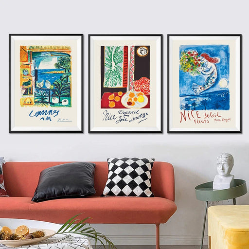 French Coastal Abstract Art Canvas Print with Picasso, Matisse, and Chagall Travel Posters