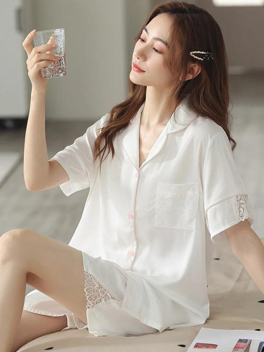 Luxurious Lace-Trimmed Satin Pajama Set for Women