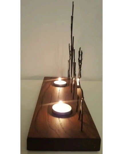 Elegant Artisan Wooden Candle Holder with Chic Metal Accents 1003