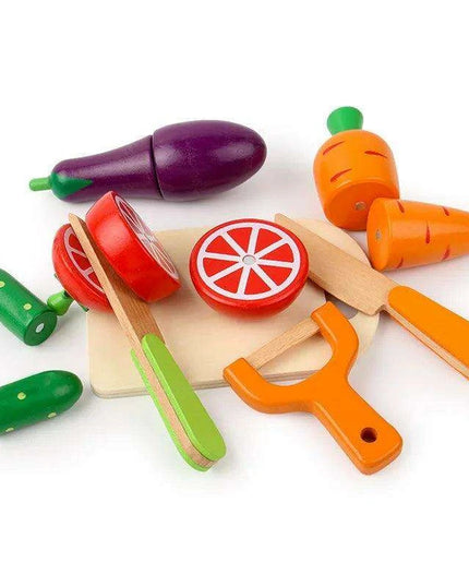 Montessori Wooden Kitchen Playset - Interactive Pretend Cooking Toy with Fruit & Vegetable Cutting Set for Children