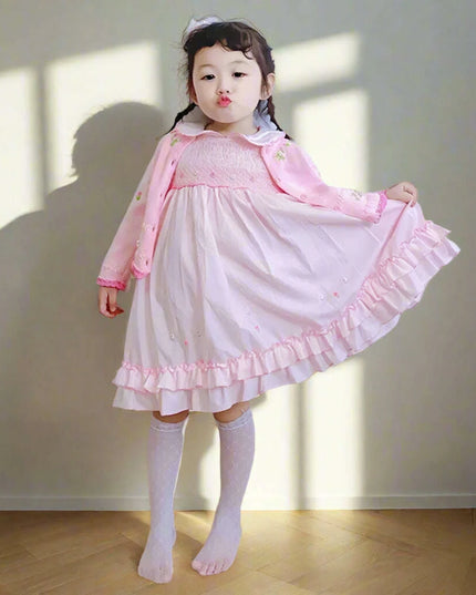 Charming Handmade Long Sleeve Pink Cotton Dress with Floral Embroidery for Girls