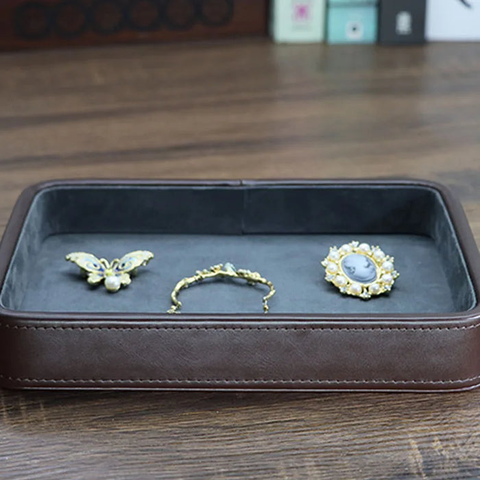 Vintage Genuine Leather Jewelry Storage Tray - Elegant European Style Organizer