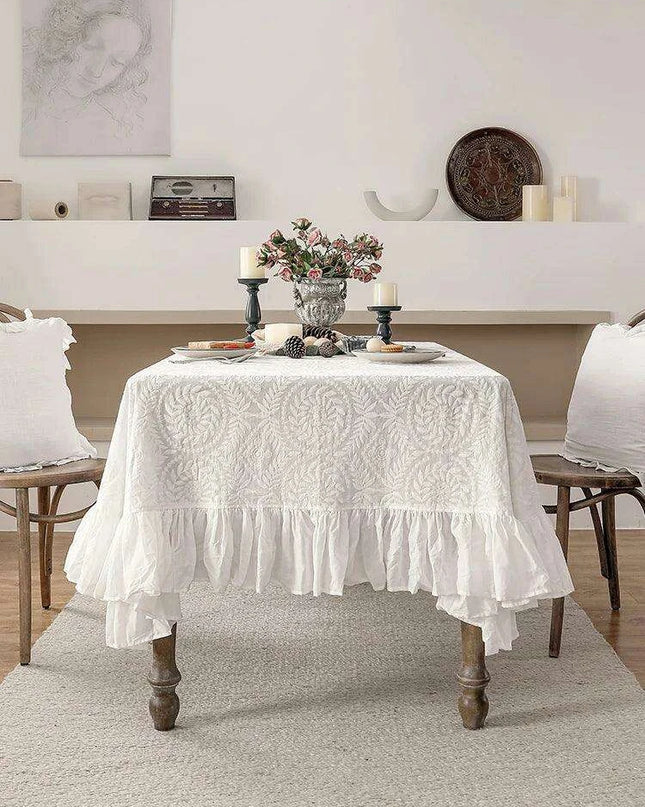 Elegant Embroidered Lace Table Cover - Premium Cotton Ruffles for Dining Sophistication