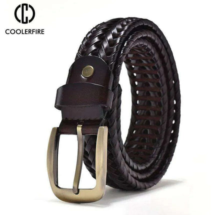 Men's Elegant Gold Buckle Braided Genuine Leather Belt