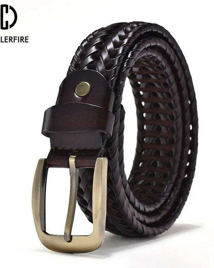 Men's Elegant Gold Buckle Braided Genuine Leather Belt