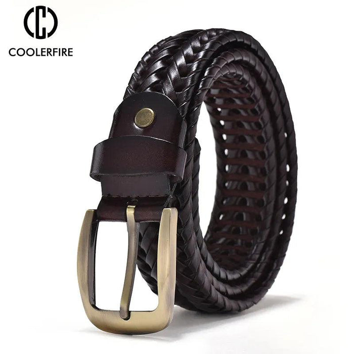 Men's Elegant Gold Buckle Braided Genuine Leather Belt