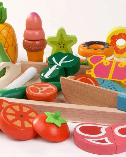 Montessori Wooden Kitchen Playset - Interactive Pretend Cooking Toy with Fruit & Vegetable Cutting Set for Children