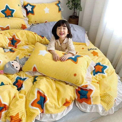 Opulent Velvet Striped Fleece Bedding Ensemble - 3 or 4 Piece Set with Ruffled Duvet Cover and Flannel Sheets