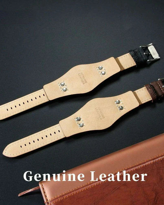 22mm Luxurious Black/Brown Riveted Leather Strap for Fossil Watches