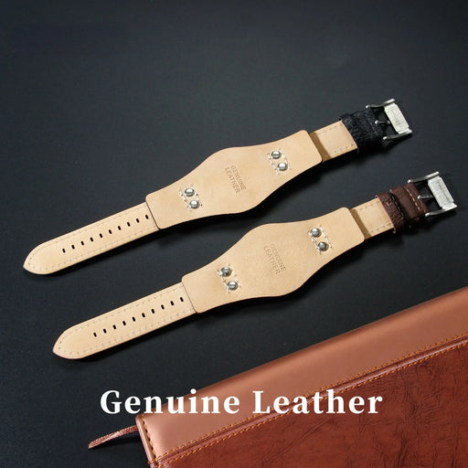 22mm Genuine Leather Watch Band for Fossil Watches - Black/Brown Rivet Style