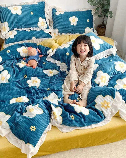 Opulent Velvet Striped Fleece Bedding Ensemble - 3 or 4 Piece Set with Ruffled Duvet Cover and Flannel Sheets