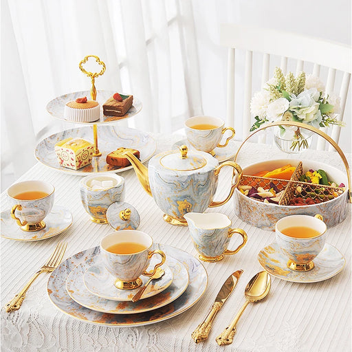 Elegant Bone China Afternoon Tea Set with Teacup, Sugar Bowl, Creamer, Teapot, and Milk Jug