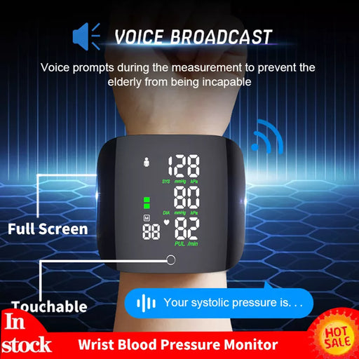 Touchscreen Rechargeable Voice-Enabled Wrist Blood Pressure and Heart Rate Monitor