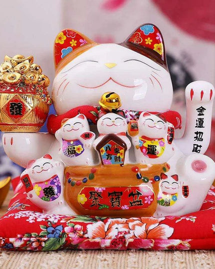 Ceramic 7.5-Inch Maneki Neko Cat Figurine with Swinging Arm for Attracting Abundance and Good Fortune