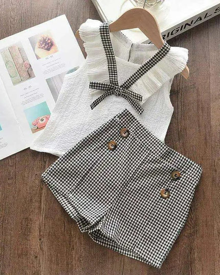 Toddler Girls' Stylish Summer Chiffon Top and Plaid Shorts Ensemble 2-6 Years