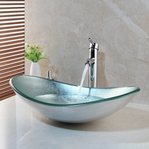 Elegant Oval Glass Vessel Sink Set with Chrome Faucet and Pop-Up Drain