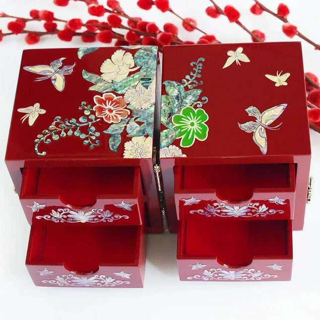 Handcrafted Mother of Pearl Jewelry Organizer Box with Peony & Butterfly Design