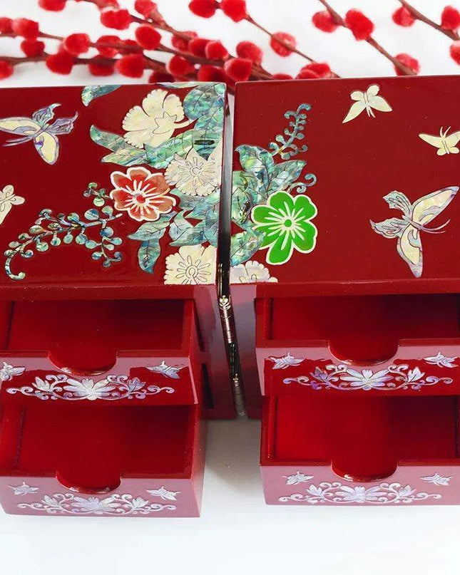 Handcrafted Mother of Pearl Jewelry Organizer Box with Peony & Butterfly Design
