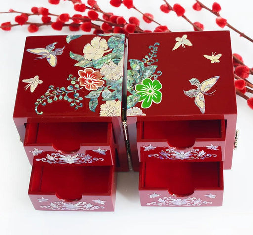 Handcrafted Mother of Pearl Jewelry Organizer Box with Peony & Butterfly Design