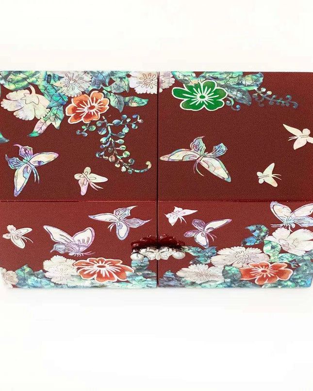 Handcrafted Mother of Pearl Jewelry Organizer Box with Peony & Butterfly Design