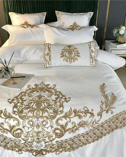 Elegant White Satin and Cotton Embroidered Luxury Bedding Collection with Duvet Cover, Sheets, and Pillowcases