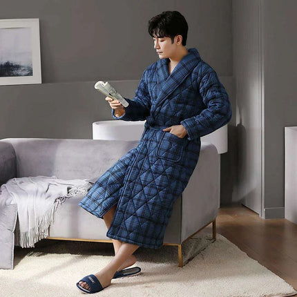 Men's Elegant Plaid Kimono Robe - Superior Cotton Lounge Wear for Chilly Seasons