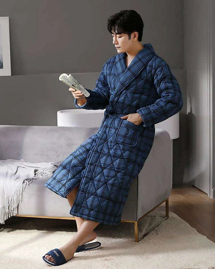 Men's Elegant Plaid Kimono Robe - Superior Cotton Lounge Wear for Chilly Seasons
