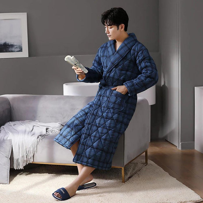 Plush Men's Tartan Kimono Robe - Soft Cotton Loungewear for Autumn & Winter Style, Breathable & Cozy